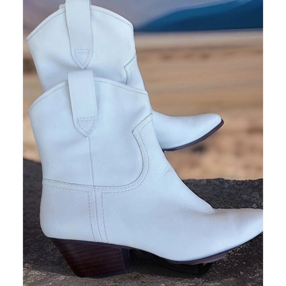 Rachel Zoe White Leather Western Ankle Boot Pointed Toe Women's 9.5 rodeo